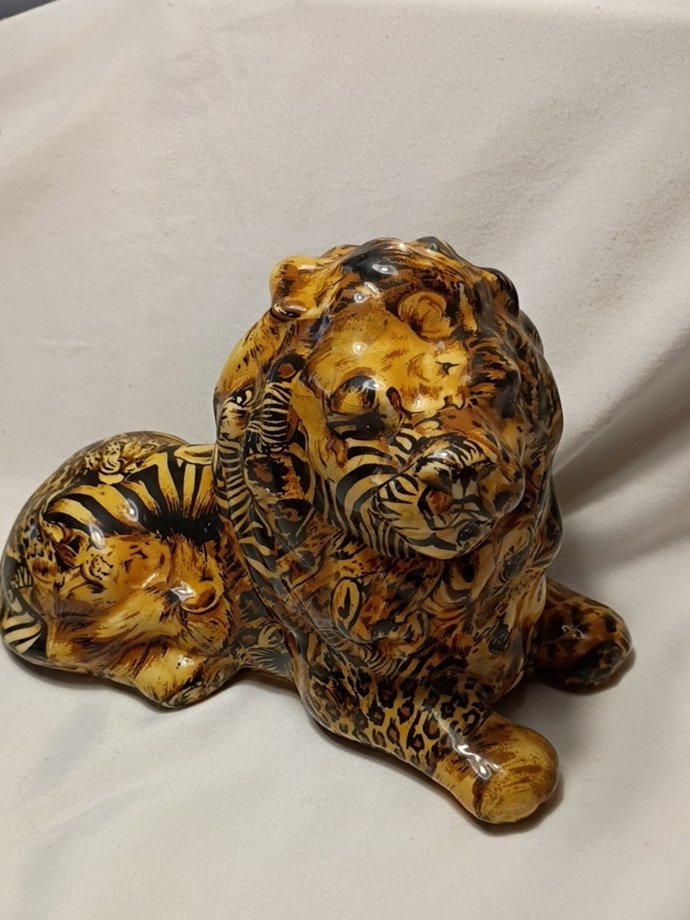 EUC Lion La Vie Safari Decoupage Patchwork Glazed Ceramic 80s Vintage LaVie